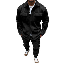 (Black, M) Men's Autumn/Winter Suede Two-Piece Set: Solid Color Jacket & Casual Pants
