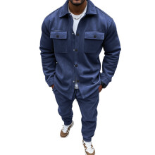 (Navy Blue, M) Men's Autumn/Winter Suede Two-Piece Set: Solid Color Jacket & Casual Pants
