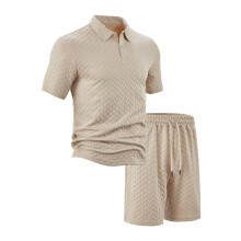(Khaki, XXXL) Herren Sommer Casual Kurzarmhemd-Set mit lockerem Revers und Jacquardmuster