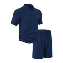 (Navy Blue, M) Men's Summer Casual Loose Lapel Jacquard Short-Sleeve Shirt Set