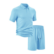 (Light Blue, XL) Men's Summer Casual Loose Lapel Jacquard Short-Sleeve Shirt Set