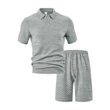 (Dark Gray, S) Herren Sommer Casual Kurzarmhemd-Set mit lockerem Revers und Jacquardmuster