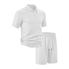 (White, XXL) Herren Sommer Casual Kurzarmhemd-Set mit lockerem Revers und Jacquardmuster