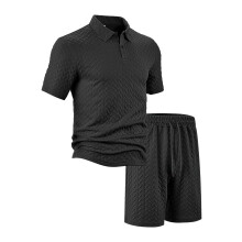 (Black, XL) Herren Sommer Casual Kurzarmhemd-Set mit lockerem Revers und Jacquardmuster