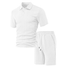 (White, XXXXL) Sommerliches Jacquard-Freizeithemd-Set für Herren mit kurzen Ärmeln