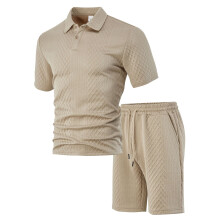 (Khaki, XL) Men's Summer Jacquard Casual Sports Short-Sleeve Shirt Set