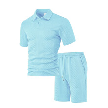 (Light Blue, XXXXL) Men's Summer Jacquard Casual Sports Short-Sleeve Shirt Set