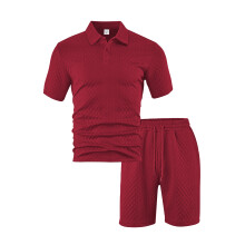 (Burgundy, XXXXL) Sommerliches Jacquard-Freizeithemd-Set für Herren mit kurzen Ärmeln