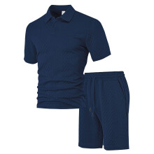 (Navy Blue, XXXXL) Men's Summer Jacquard Casual Sports Short-Sleeve Shirt Set