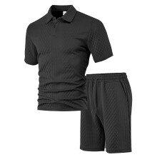 (Black, XXL) Sommerliches Jacquard-Freizeithemd-Set für Herren mit kurzen Ärmeln