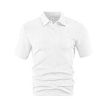 (White, S) Camicia da uomo estiva leggera, ampia, traspirante, a maniche corte in jacquard tinta unita, casual.