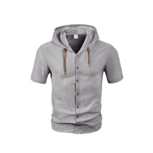 (Gray, XXL) Cardigan da uomo in cotone e lino tinta unita, alla moda, ampio, leggero, casual, a maniche corte con cappuccio.