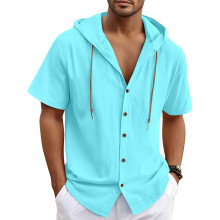 (Sky Blue, S) Cardigan da uomo in cotone e lino tinta unita, alla moda, ampio, leggero, casual, a maniche corte con cappuccio.