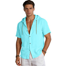 (Sky Blue, XXL) Camicia da uomo a maniche corte con cappuccio, ampia e traspirante, in lino, modello Amekaji.