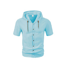 (Light Blue, S) Cardigan da uomo in cotone e lino tinta unita, alla moda, ampio, leggero, casual, a maniche corte con cappuccio.