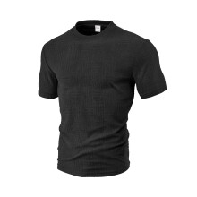 (Black, L) Herren Sommer Sport Freizeit Atmungsaktives Kurzarmhemd mit Rundhalsausschnitt aus Frottee-Jacquard