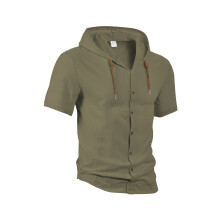 (Army Green, S) Cardigan da uomo in cotone e lino tinta unita, alla moda, ampio, leggero, casual, a maniche corte con cappuccio.