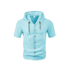 (Light Blue, XL) Camicia da uomo a maniche corte con cappuccio, ampia e traspirante, in lino, modello Amekaji.