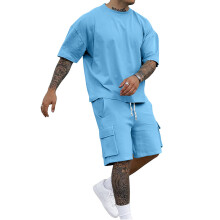 (Sky Blue, XXL) Men's Loose Casual Sports T-Shirt & Shorts 2-Piece Set