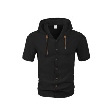 (Black, XXL) Camicia da uomo a maniche corte con cappuccio, ampia e traspirante, in lino, modello Amekaji.