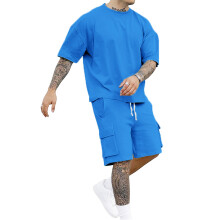 (Royal Blue, S) Men's Loose Casual Sports T-Shirt & Shorts 2-Piece Set