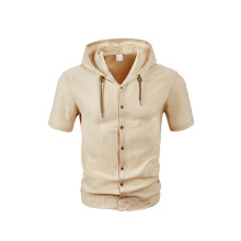 (Khaki, S) Camicia da uomo a maniche corte con cappuccio, ampia e traspirante, in lino, modello Amekaji.