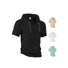 (Black, M) Men's Solid Cotton-Linen Cardigan Trendy Loose Lightweight Casual Short Sleeve Hoodie