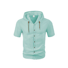 (Teal, S) Camicia da uomo a maniche corte con cappuccio, ampia e traspirante, in lino, modello Amekaji.