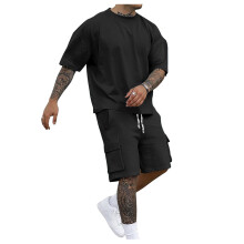 (Black, L) Men's Loose Casual Sports T-Shirt & Shorts 2-Piece Set