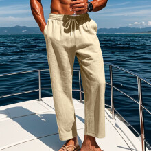 (Apricot, XXXL) Pantaloni lunghi da uomo in lino con coulisse, vita media e gamba dritta, traspiranti e comodi per le vacanze.