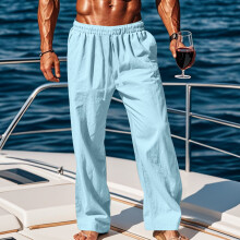 (Light Blue, M) Pantaloni lunghi da uomo in lino con coulisse, vita media e gamba dritta, traspiranti e comodi per le vacanze.