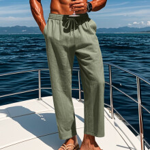 (Light Green, L) Pantaloni lunghi da uomo in lino con coulisse, vita media e gamba dritta, traspiranti e comodi per le vacanze.