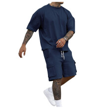 (Navy Blue, XL) Men's Loose Casual Sports T-Shirt & Shorts 2-Piece Set