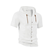 (White, XL) Cardigan da uomo in cotone e lino tinta unita, alla moda, ampio, leggero, casual, a maniche corte con cappuccio.