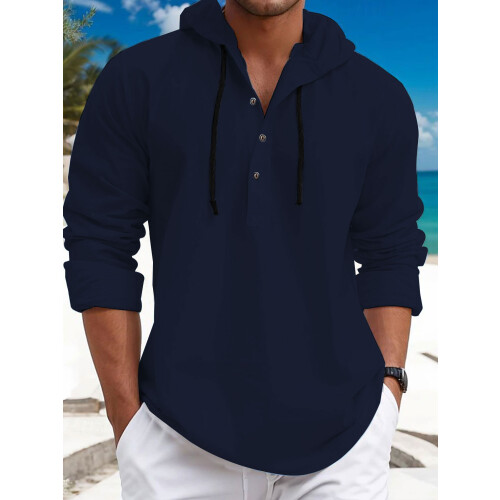 (Navy Blue, L) Herregenser i perlebomull med liten twill-krage og hette med knapper