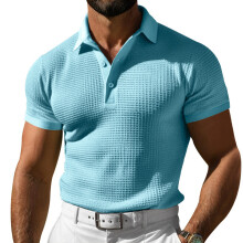 (Light Blue, S) Polo casual da uomo a nido d'ape, tinta unita, traspirante, taglie forti, sportiva