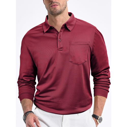 (Burgundy, L) Men's Casual Loose Long Sleeve Mesh Collar Button-Down Solid Shirt