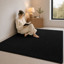 (Short Pile 160x230cm, Black) Luxury Short Pile Rug - Soft Fluffy Anti-Slip Washable Area Rug with Memory Foam Backing | Living Room & Bedroom Carpet