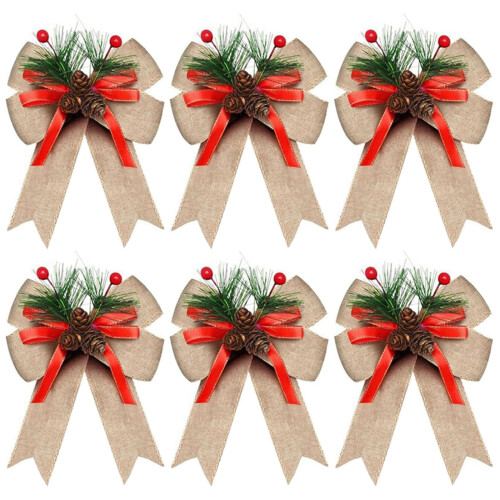 6 lazos navideños de cinta amarilla de lino con piñas