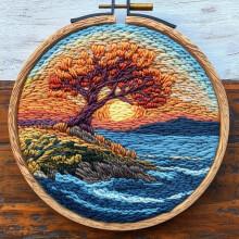 Zestaw igieł dziurkacza Zachód słońca i drzewo nad morzem 20x20 cm