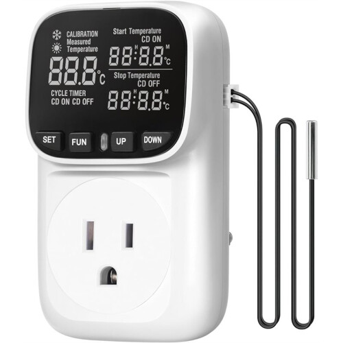 Digital Temperature Controller Outlet, 15A/1800W Heavy Duty, VA LCD Display, Heating/Cooling Control US Plug