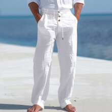 (White, S) Pantaloni lunghi da uomo americani in cotone e lino, con bottoni e coulisse, a gamba dritta, traspiranti, per l'estate e la spiaggia.