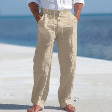 (Khaki, XXXL) Amerikanska herrbyxor i bomull och linne med knappar och dragsko, sommarstrand, raka ben, andningsbara långbyxor