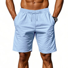 (Light Blue, L) Herrbyxor i linne med andningsfunktion, sommar, avslappnade, lösa, dragsko, fempunktsbyxor