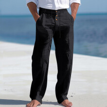 (Black, XXXL) Pantaloni lunghi da uomo americani in cotone e lino, con bottoni e coulisse, a gamba dritta, traspiranti, per l'estate e la spiaggia.