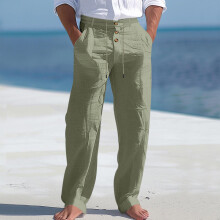 (Military Green, XXL) Amerikanska herrbyxor i bomull och linne med knappar och dragsko, sommarstrand, raka ben, andningsbara långbyxor