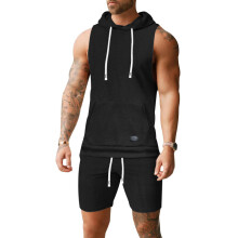 (Black, XL) Set aus Kapuzenweste und Shorts aus einfarbigem Jacquard-Gewebe für Herren