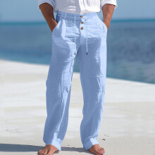 (Light Blue, XL) Amerikanska herrbyxor i bomull och linne med knappar och dragsko, sommarstrand, raka ben, andningsbara långbyxor