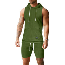 (Military Green, XXXL) Set aus Kapuzenweste und Shorts aus einfarbigem Jacquard-Gewebe für Herren
