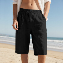 (Black, S) Linne Dragsko Resår i Midjan Snabbtorkande Raka Ben Enfärgad Andningsbar Vardag Strand Sjupunkts Casual Shorts för Herr